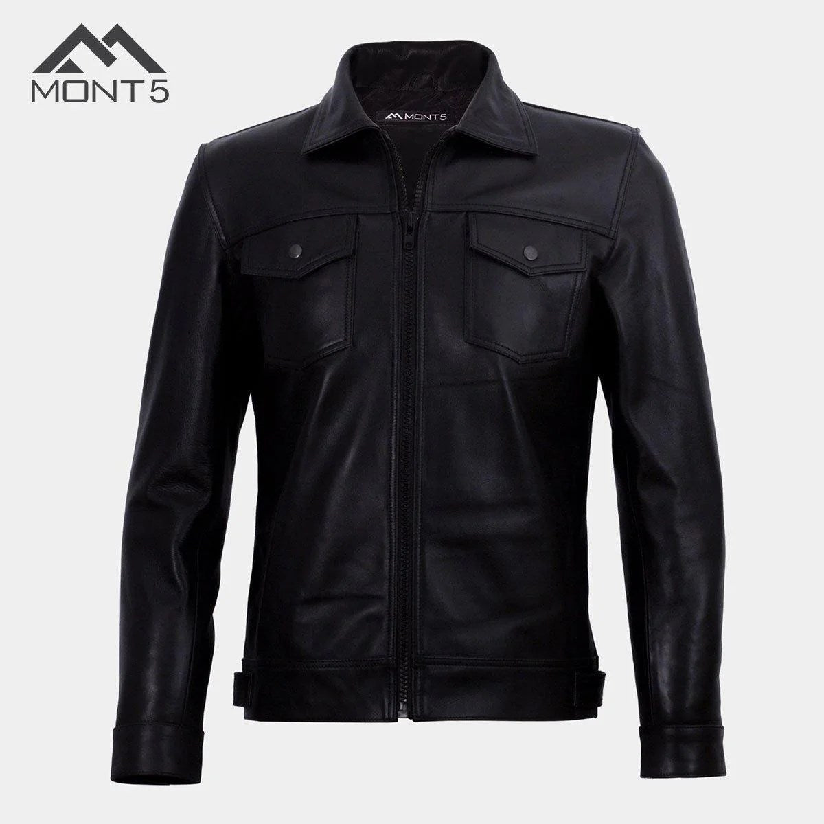 MONT5 Diran Men Black Classic Leather Jacket with Shirt Collar