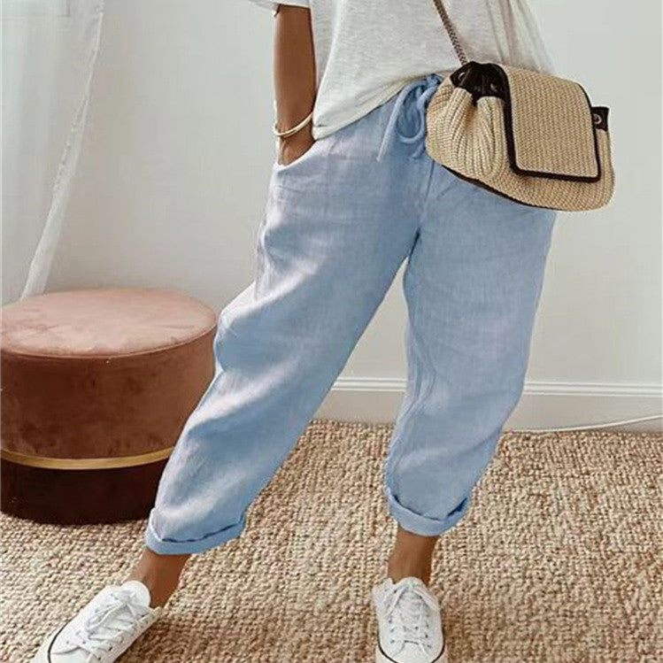 Women's Fashion Cotton Linen Solid Color Casual Pants-9