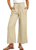 Elastic Waistband Lace-up Wide Leg Pants Solid Color Cropped Pants-5
