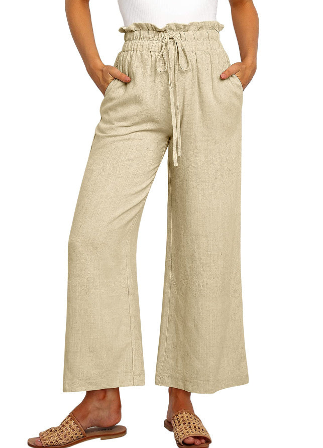 Elastic Waistband Lace-up Wide Leg Pants Solid Color Cropped Pants-5