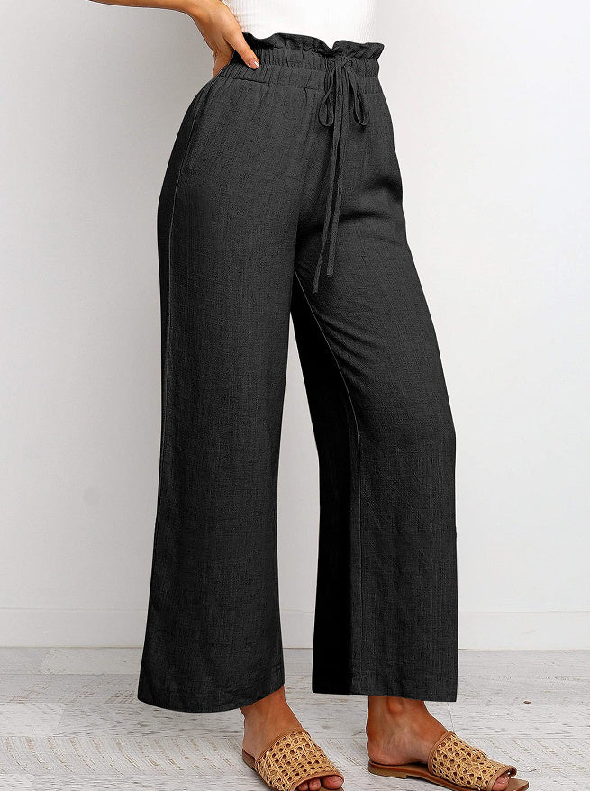 Elastic Waistband Lace-up Wide Leg Pants Solid Color Cropped Pants-6