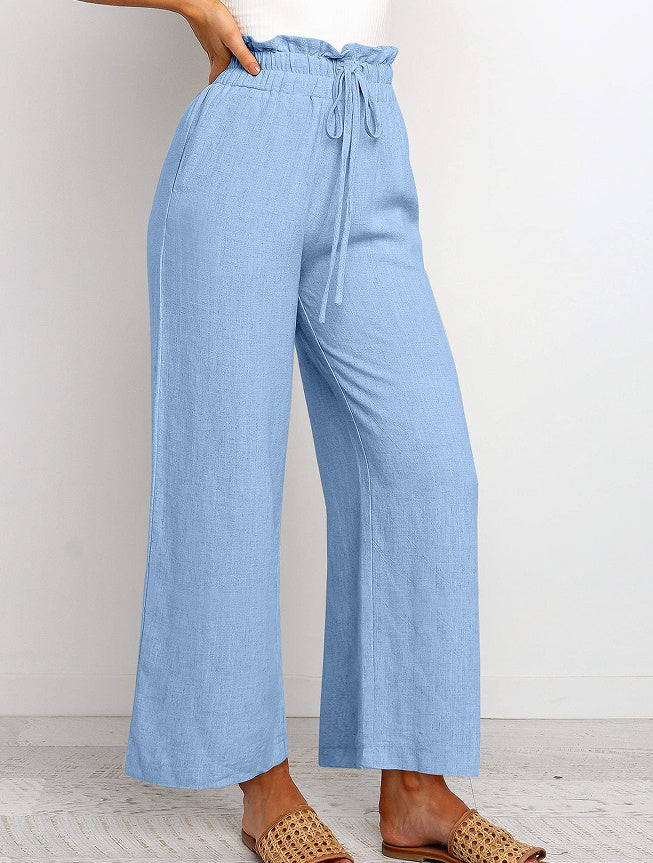 Elastic Waistband Lace-up Wide Leg Pants Solid Color Cropped Pants-9