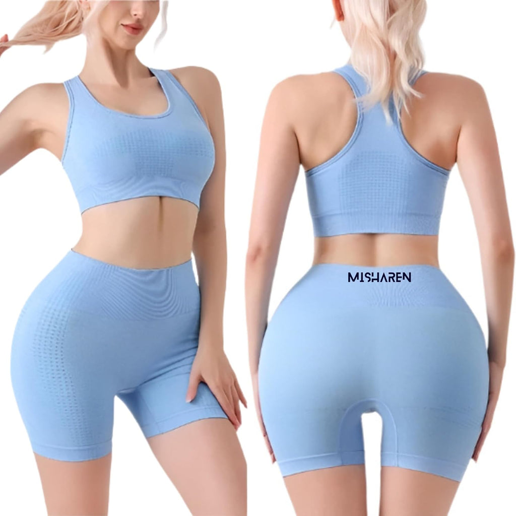 Misharen Women's Seamless Workout Yoga Set 2 Piece Vest & Butt Lift Shorts Leggings, High-Waist, Stretchable, Breathable Gym Suite for Workout, Running & Pilates-2