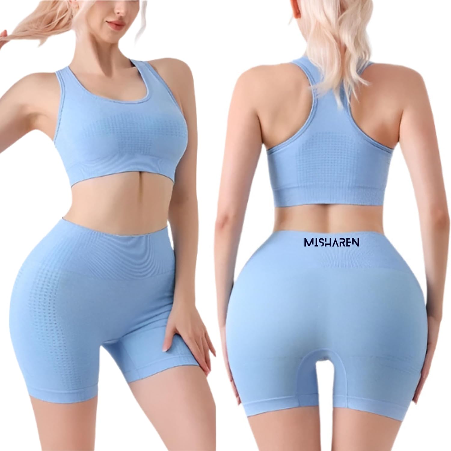 Misharen Women's Seamless Workout Yoga Set 2 Piece Vest & Butt Lift Shorts Leggings, High-Waist, Stretchable, Breathable Gym Suite for Workout, Running & Pilates-2