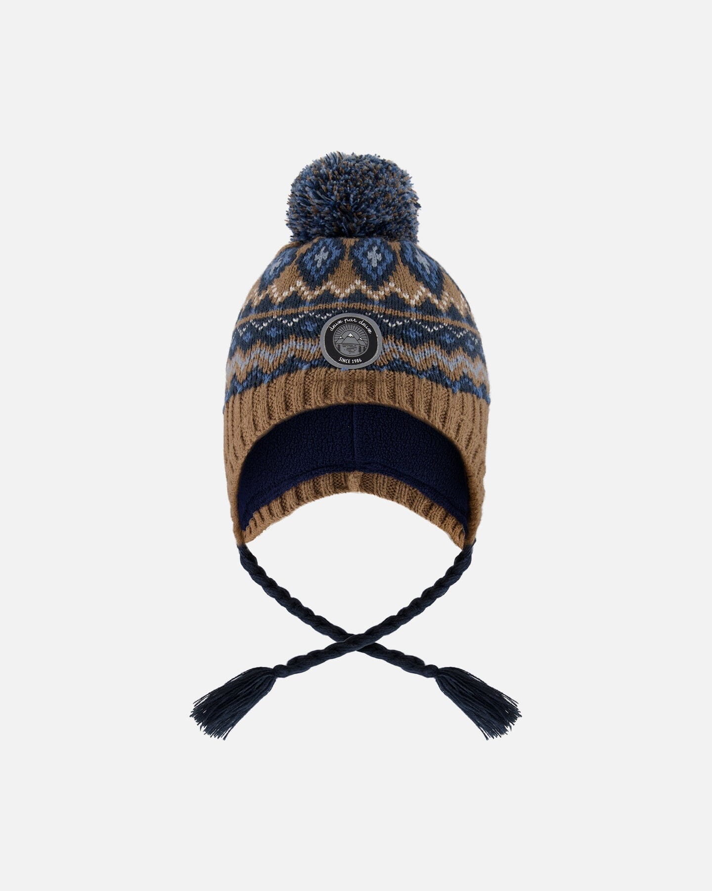 Lined Peruvian Knit Pompom Hat Taupe And Navy