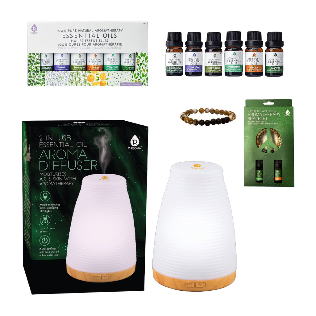 Pursonic Essential Oils Wellness Bundle – Includes Lava Stone Bracelet, 2-in-1 USB Diffuser, and 6-Pack of 100% Pure Aromatherapy Oils