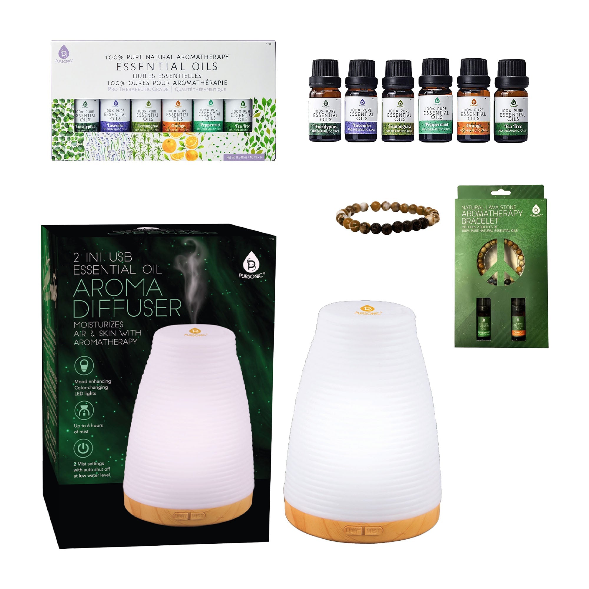 Pursonic Essential Oils Wellness Bundle – Includes Lava Stone Bracelet, 2-in-1 USB Diffuser, and 6-Pack of 100% Pure Aromatherapy Oils