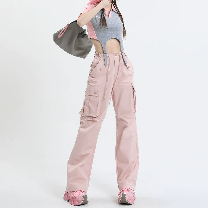 Qiyu Pink American High Waist Work Clothes Jeans for Women  Autumn New Short Straight Loose Trousers-5