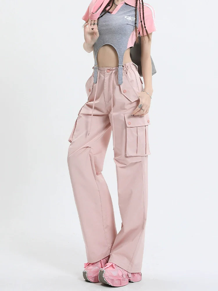 Qiyu Pink American High Waist Work Clothes Jeans for Women  Autumn New Short Straight Loose Trousers-3