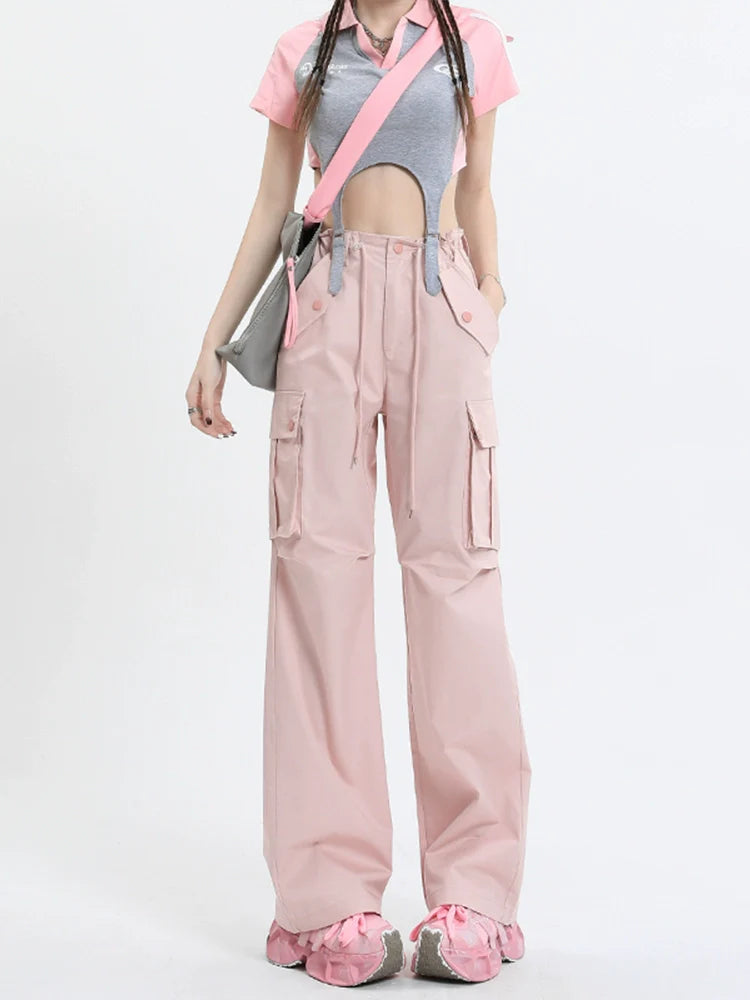 Qiyu Pink American High Waist Work Clothes Jeans for Women  Autumn New Short Straight Loose Trousers-2