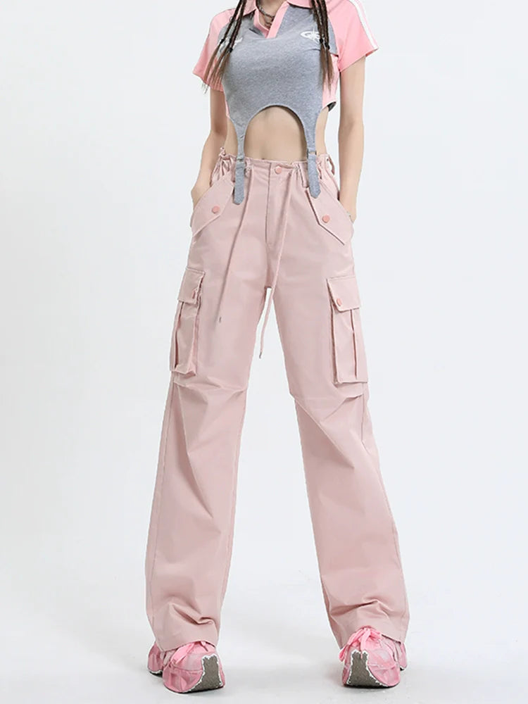 Qiyu Pink American High Waist Work Clothes Jeans for Women  Autumn New Short Straight Loose Trousers-1