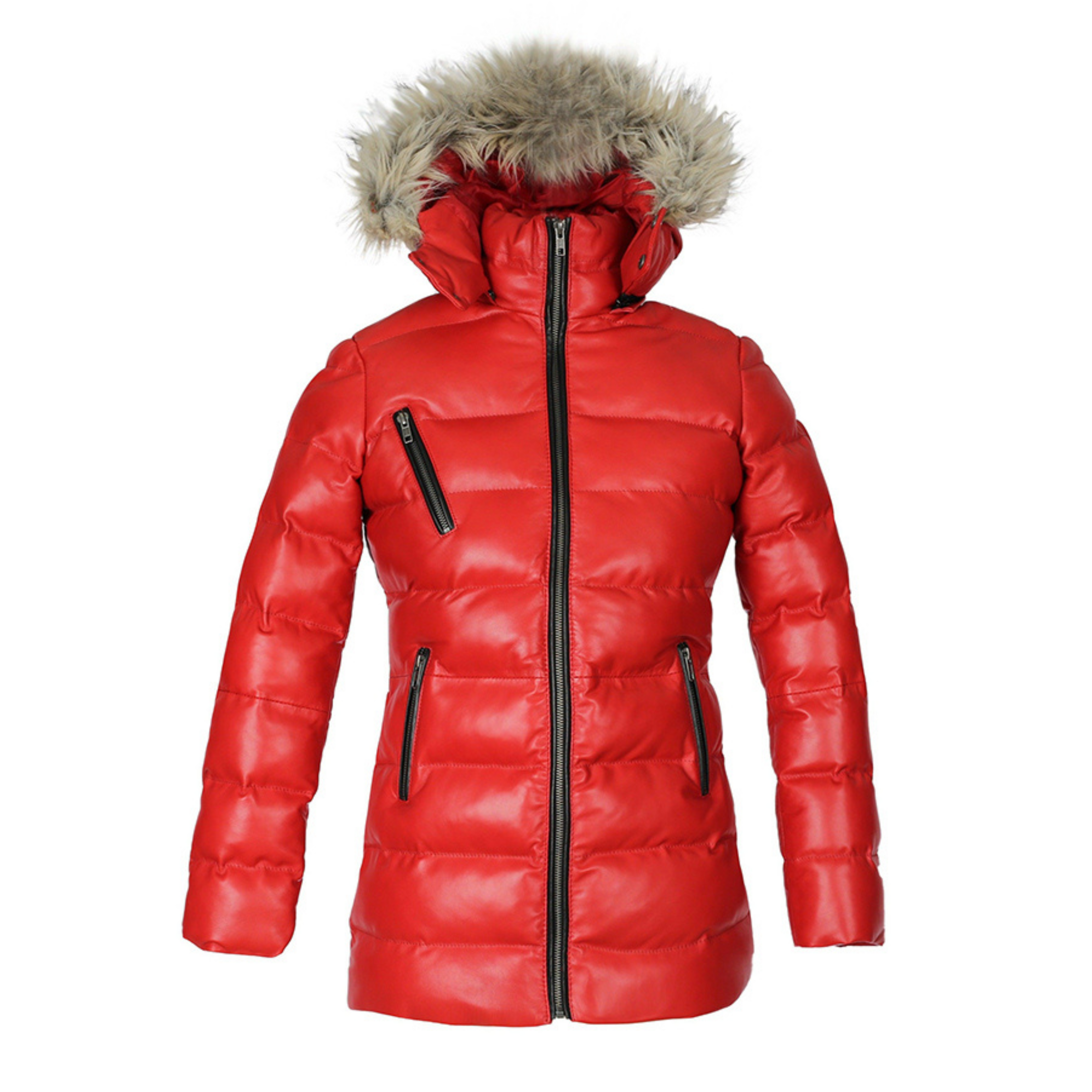 Womens Selina Puffer Leather Jacket with Fur Hoodie (Red)-0