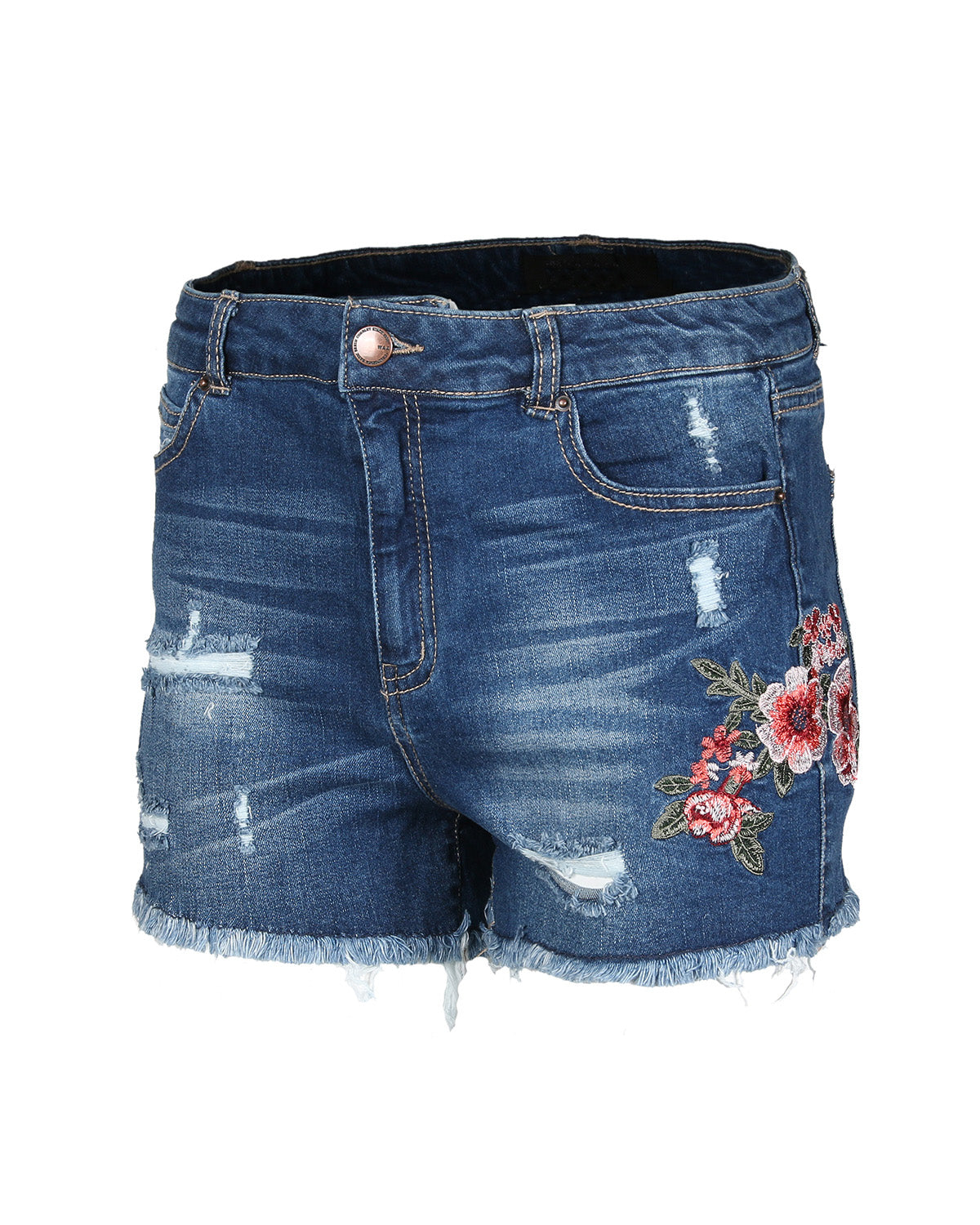 MID RISE DISTRESSED FLORAL DENIM SHORTS-0