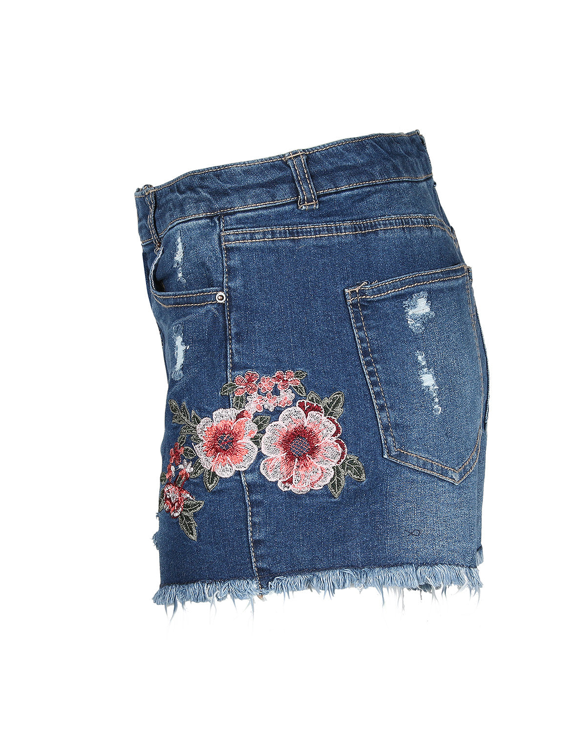MID RISE DISTRESSED FLORAL DENIM SHORTS-2