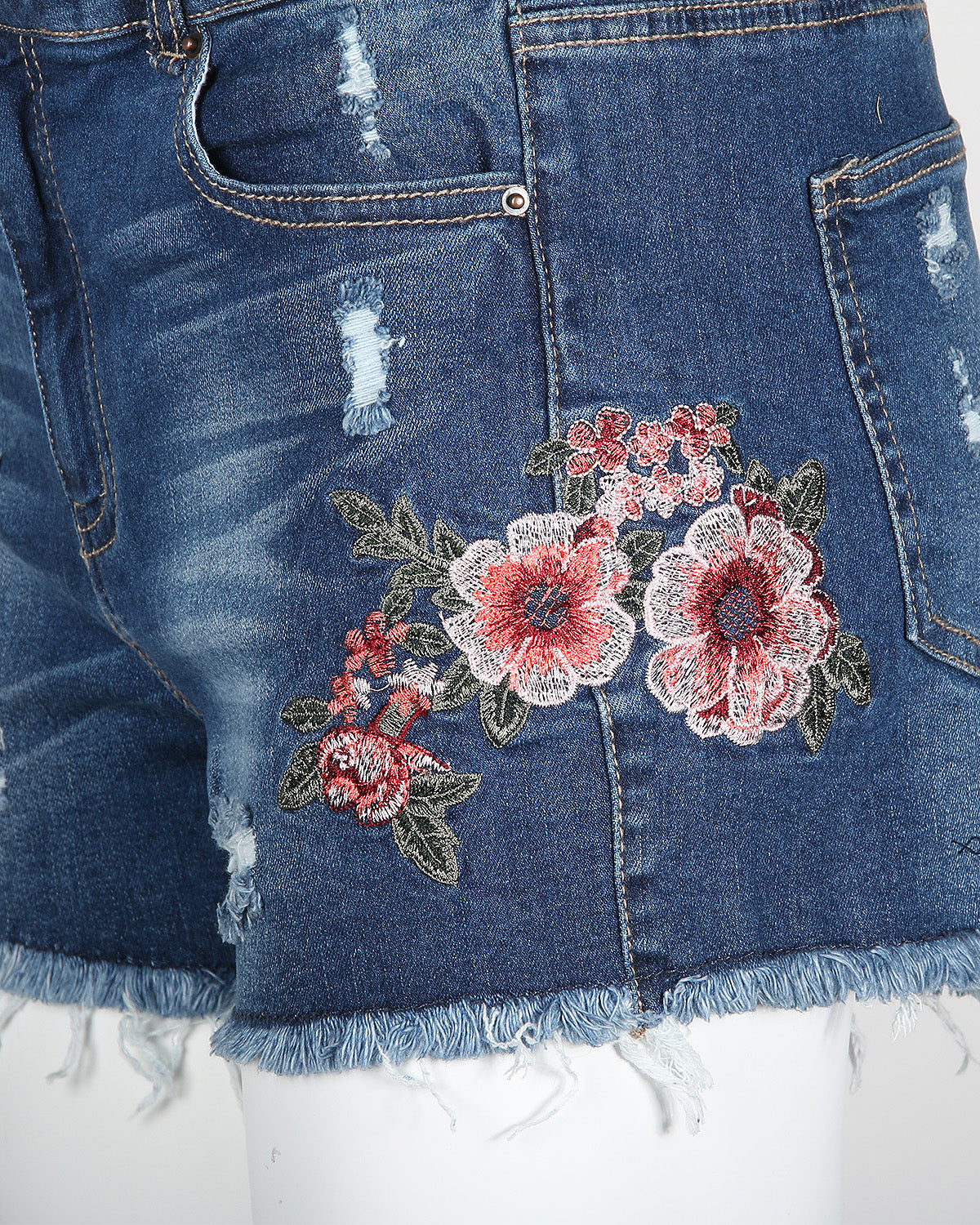 MID RISE DISTRESSED FLORAL DENIM SHORTS-3