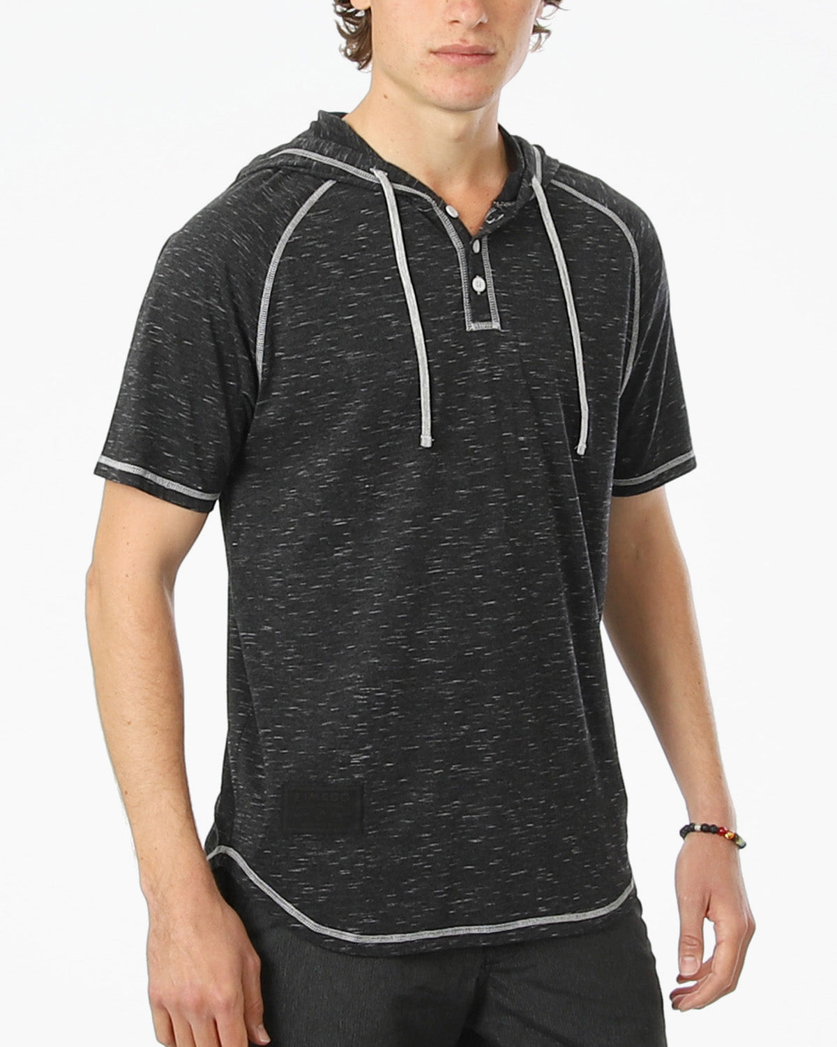 ZIMEGO Short Sleeve Raglan Henley Hoodie Round Bottom Semi Longline T-Shirt-0