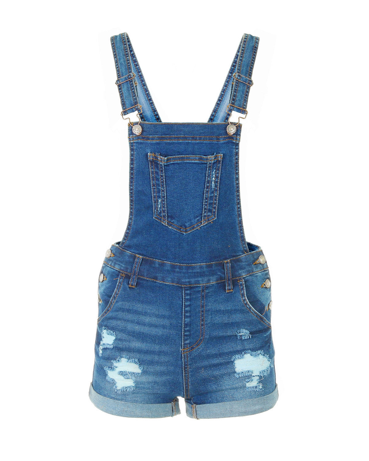 JUNIOR STRETCH DENIM DESTROYED OVERALLS-1