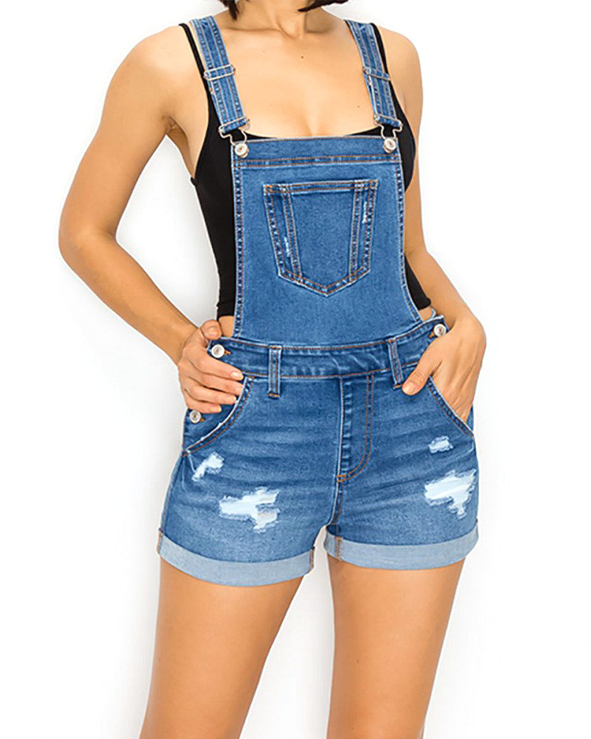 JUNIOR STRETCH DENIM DESTROYED OVERALLS-0