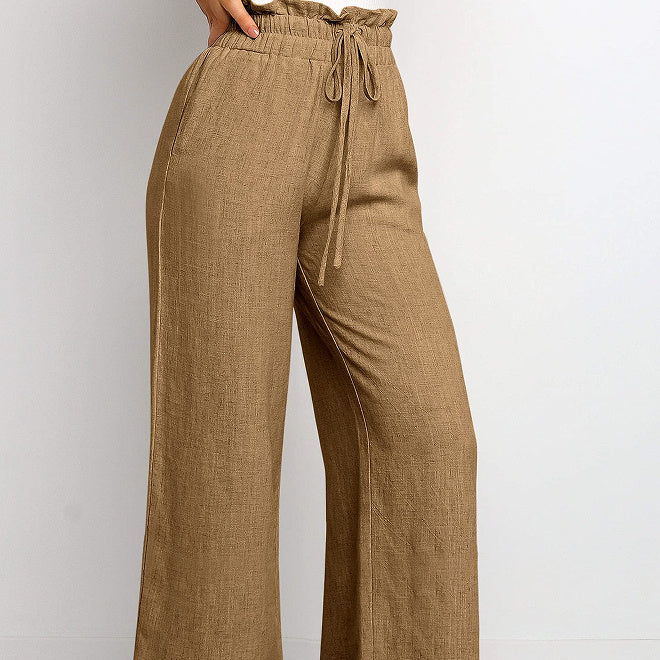 Elastic Waistband Lace-up Wide Leg Pants Solid Color Cropped Pants-0