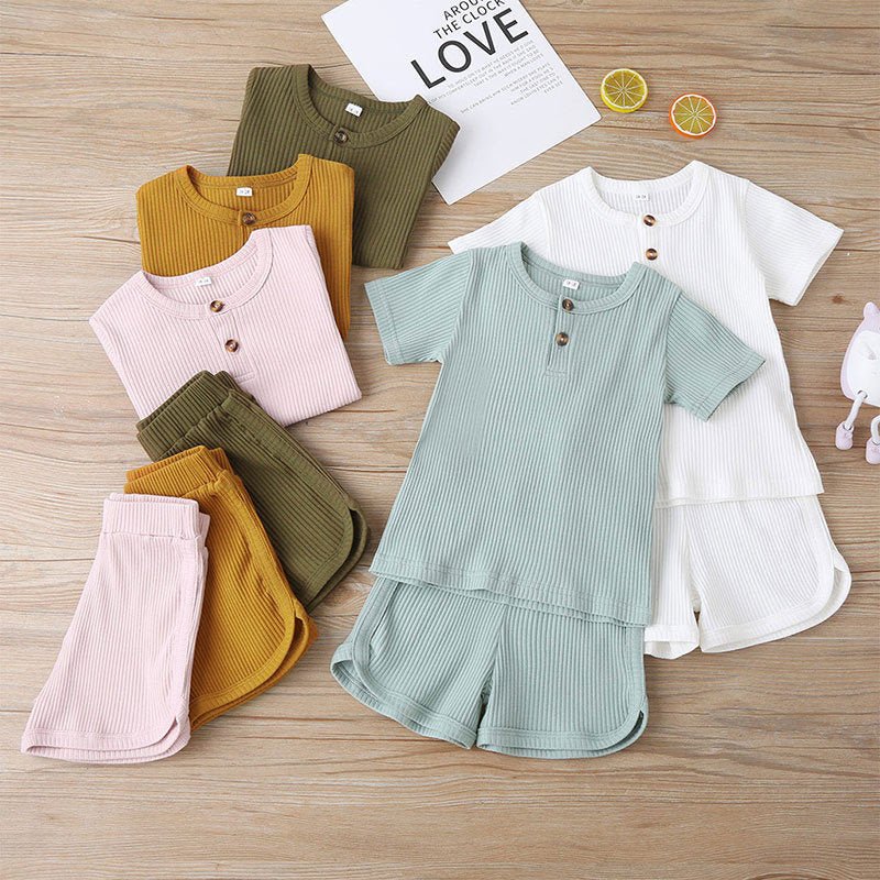 Baby Toddler Children Pajamas Clothing Set Solid Color T-shirt Shorts Two Piece Kids Home Lounge Clothes Girl Boy Sleepwear-0