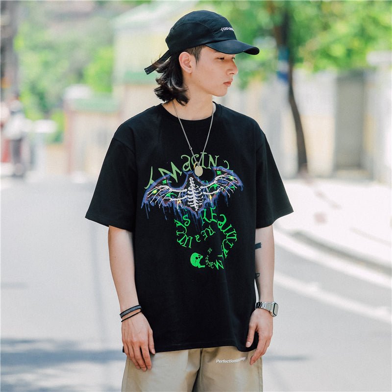 Bat Skull Print T Shirt Men Hip Hop T-Shirts Streetwear Summer Tshirt Short Sleeve Cotton Oversized Gray Tops Tees-2