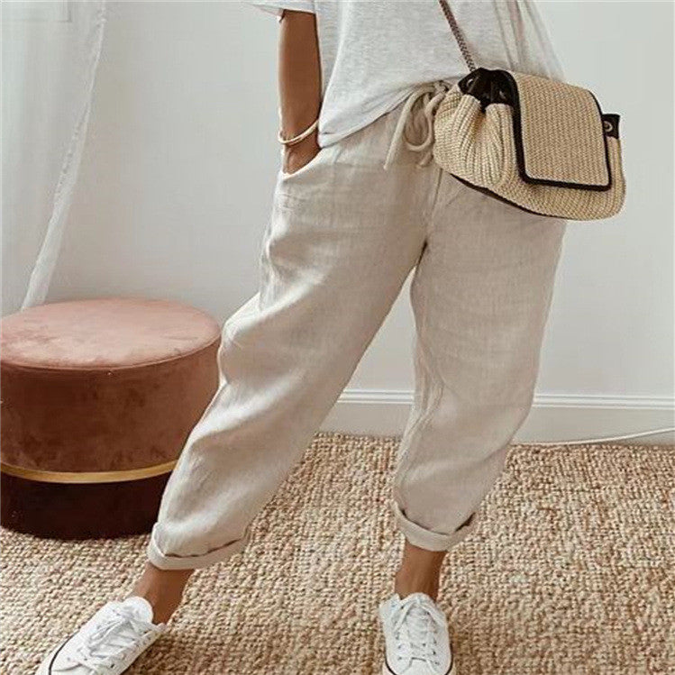 Women's Fashion Cotton Linen Solid Color Casual Pants-5