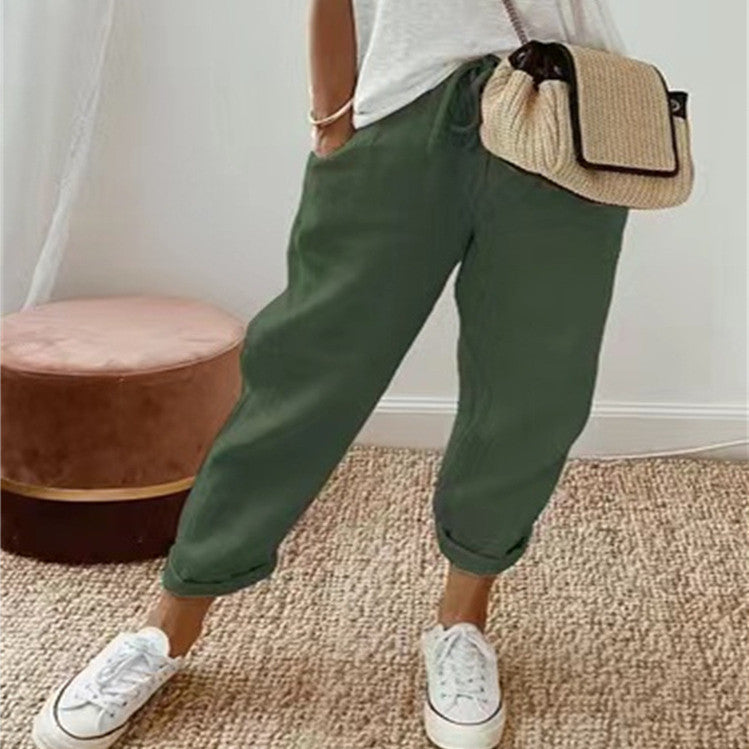 Women's Fashion Cotton Linen Solid Color Casual Pants-4