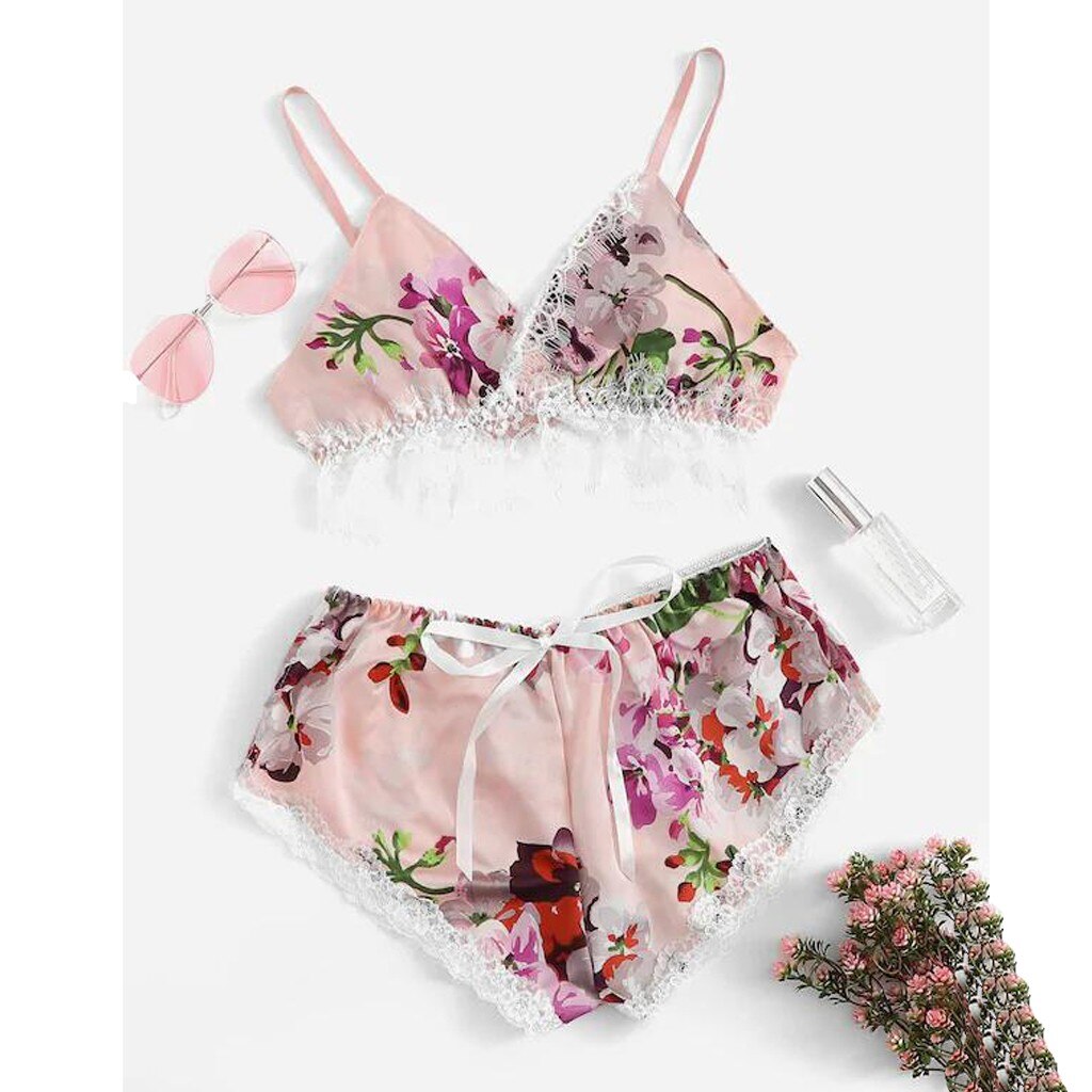 2pc Fashion Sexy Lace Satin Trim Floral Bow Lingerie Set Lace Underwear Pajamas Babydoll Sleepwear Backless Seamless Sleepwear-4