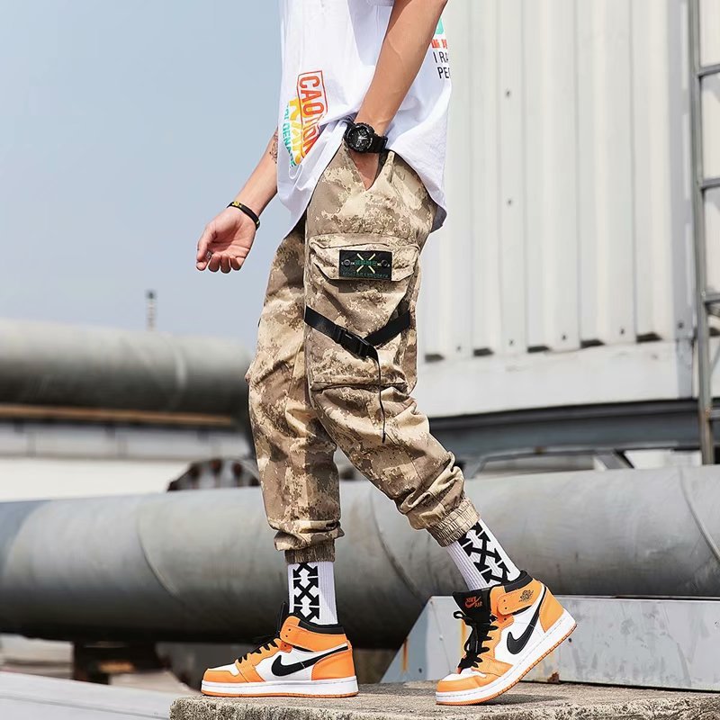 Streetwear Ribbons Casual Pants Men Black Slim Mens Joggers Pants Side-pockets Cotton Camouflage Man Trousers-0