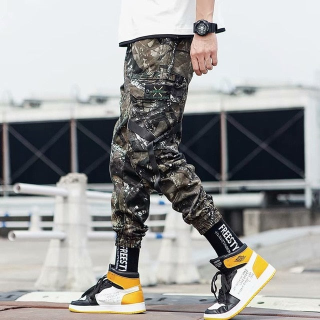 Streetwear Ribbons Casual Pants Men Black Slim Mens Joggers Pants Side-pockets Cotton Camouflage Man Trousers-6