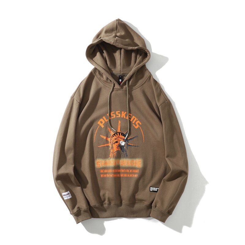 Street Wear Hip Hop Style Funny Statue of Liberty Hoodie Sweatshirt Men Harajuku Hoodie Pullover Cotton Khaki-2