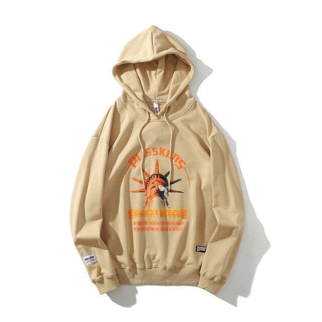 Street Wear Hip Hop Style Funny Statue of Liberty Hoodie Sweatshirt Men Harajuku Hoodie Pullover Cotton Khaki-3