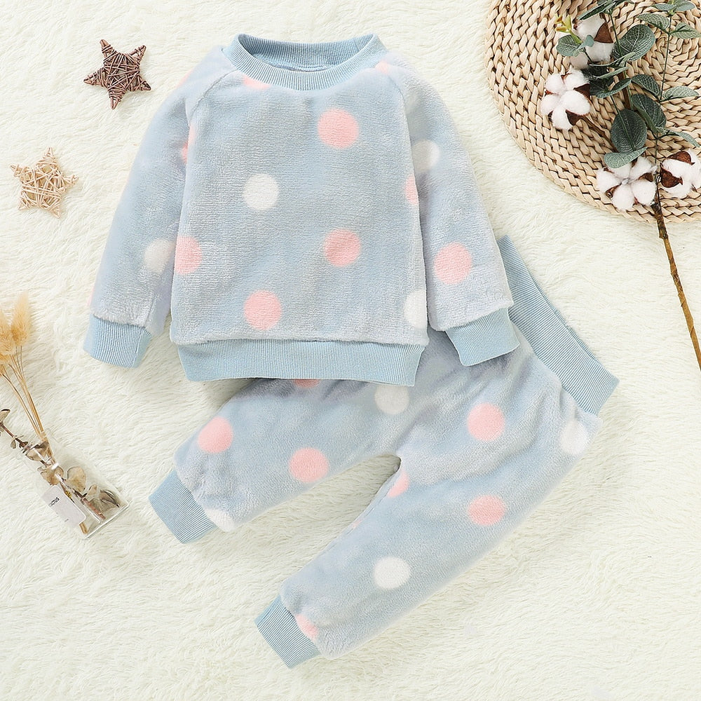 Baby Girl Clothes Pajamas Set Flannel Fleece Infant Toddler O Neck Pajamas Warm Kids Sleepwear Home Suit Winter Spring Fall D30-0