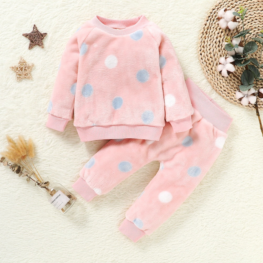Baby Girl Clothes Pajamas Set Flannel Fleece Infant Toddler O Neck Pajamas Warm Kids Sleepwear Home Suit Winter Spring Fall D30-2