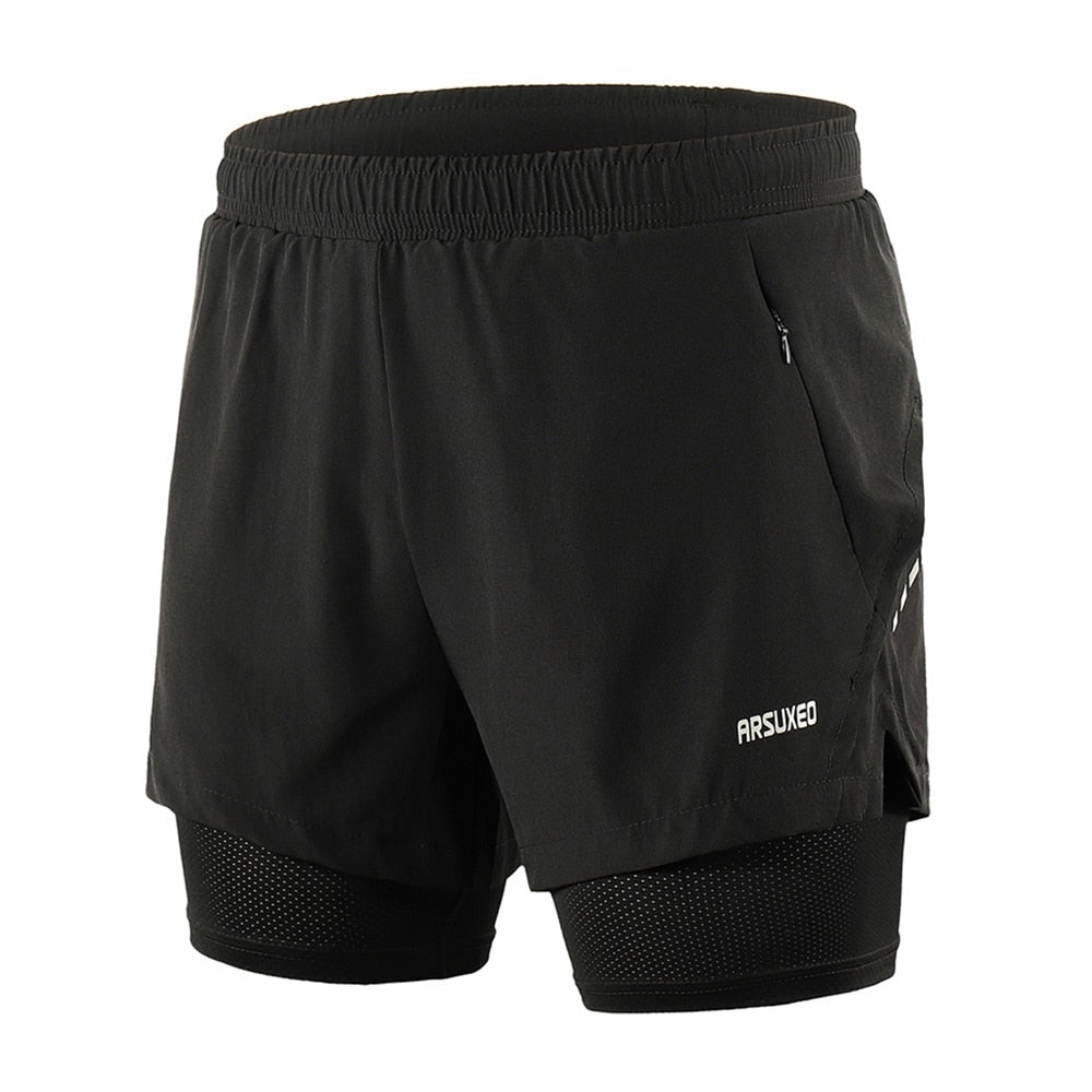 Men Running Shorts 2 in 1 Sports Shorts Quick Dry Active Training Exercise Jogging Gym Shorts With Zipper Pockets-0