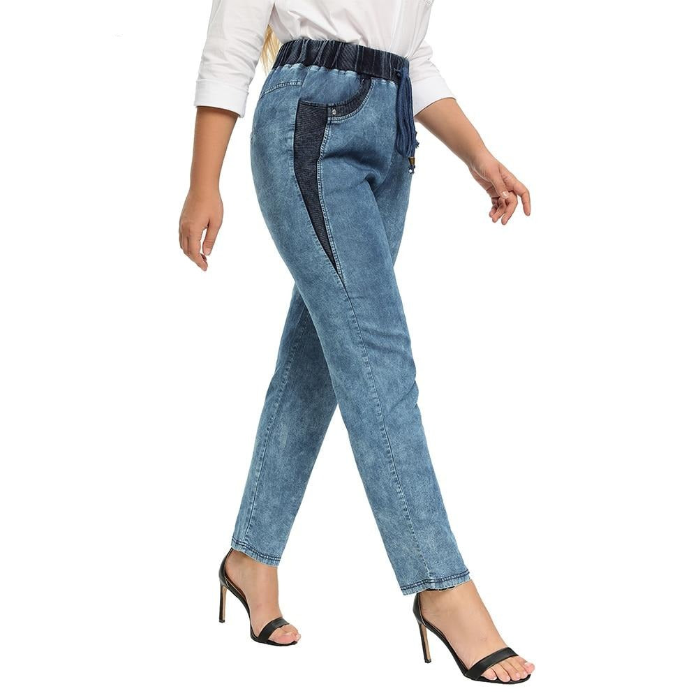 Women's Plus Size Casual Jeans High Flexibility Cotton Woven Thin Denim Trousers Softener Jeans with Elastic Waist-3