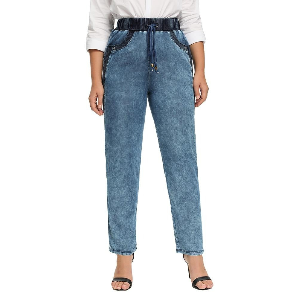 Women's Plus Size Casual Jeans High Flexibility Cotton Woven Thin Denim Trousers Softener Jeans with Elastic Waist-2