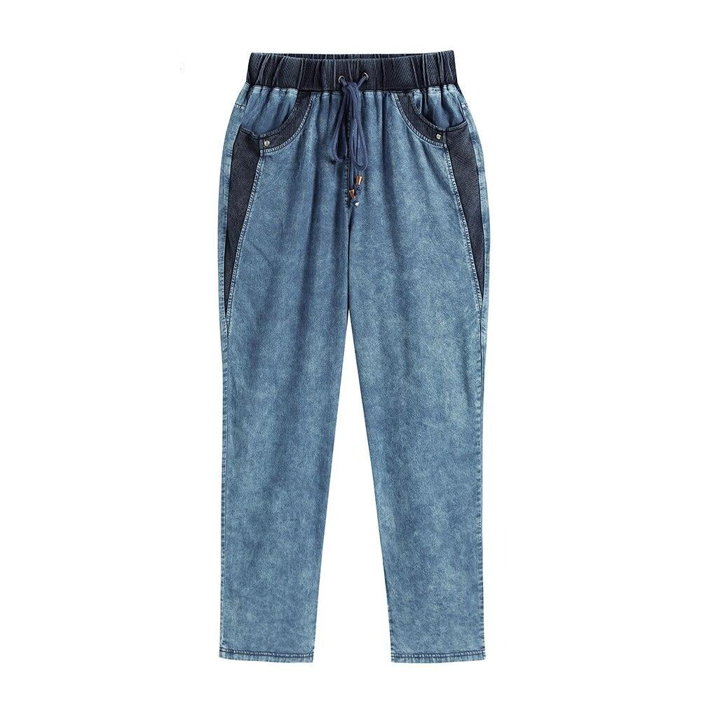 Women's Plus Size Casual Jeans High Flexibility Cotton Woven Thin Denim Trousers Softener Jeans with Elastic Waist-1