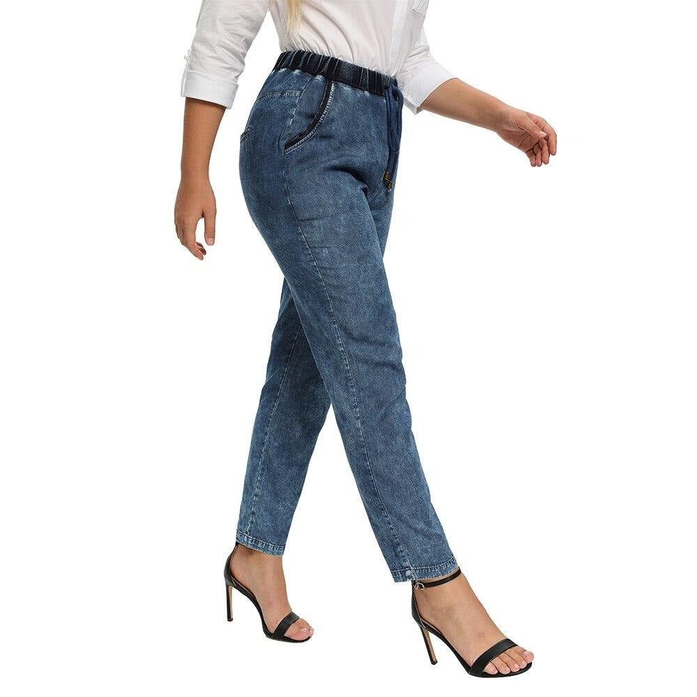 Women's Plus Size Casual Jeans High Flexibility Cotton Woven Thin Denim Trousers Softener Jeans with Elastic Waist-0