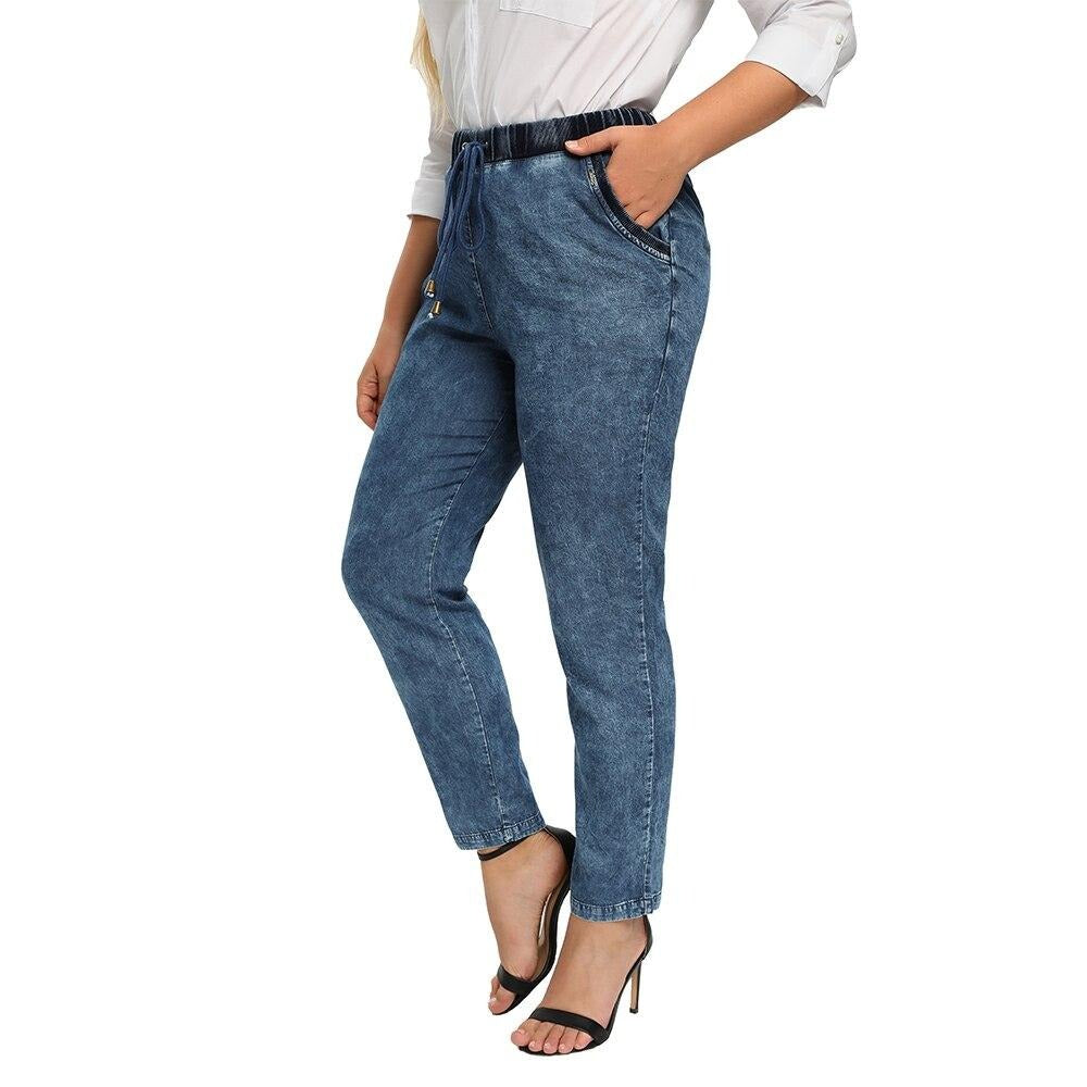 Women's Plus Size Casual Jeans High Flexibility Cotton Woven Thin Denim Trousers Softener Jeans with Elastic Waist-2