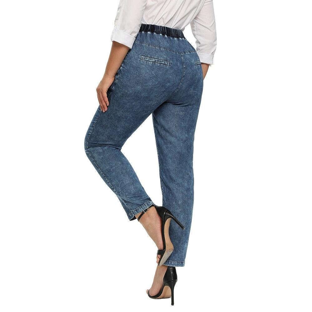 Women's Plus Size Casual Jeans High Flexibility Cotton Woven Thin Denim Trousers Softener Jeans with Elastic Waist-1