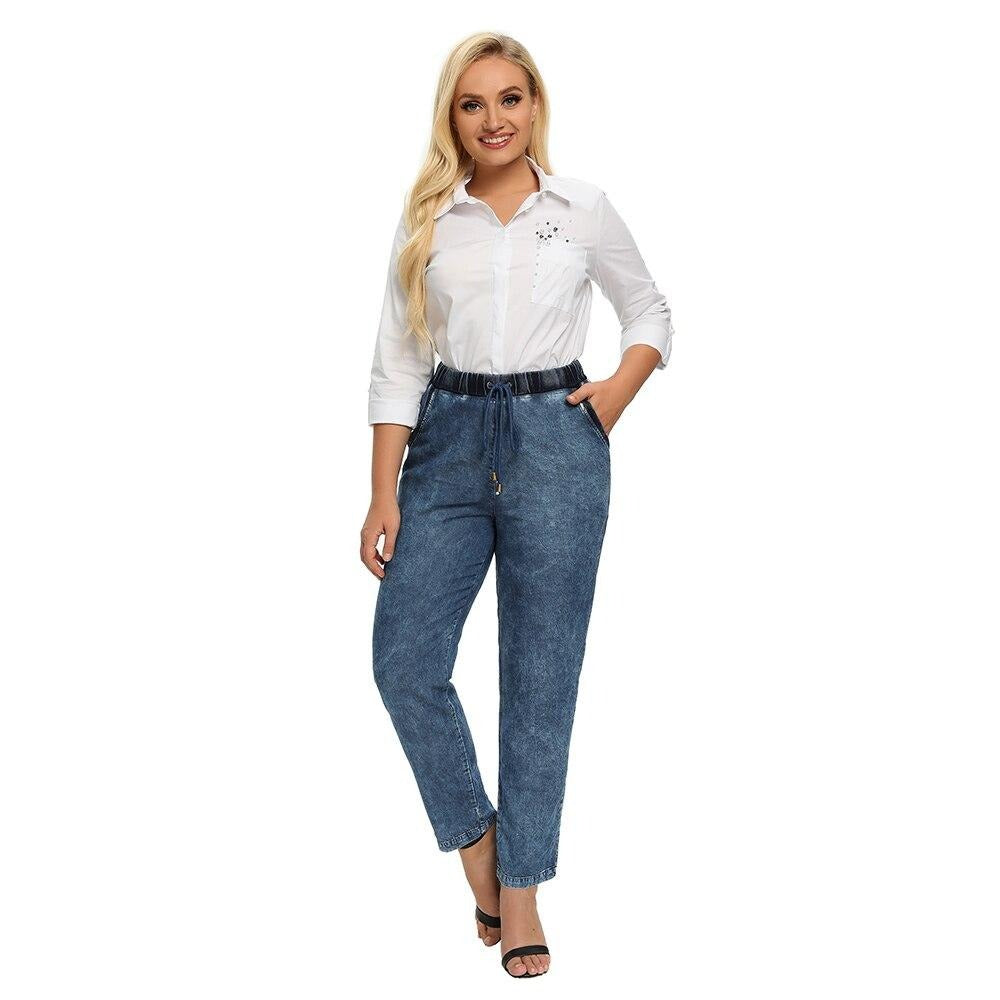 Women's Plus Size Casual Jeans High Flexibility Cotton Woven Thin Denim Trousers Softener Jeans with Elastic Waist-3