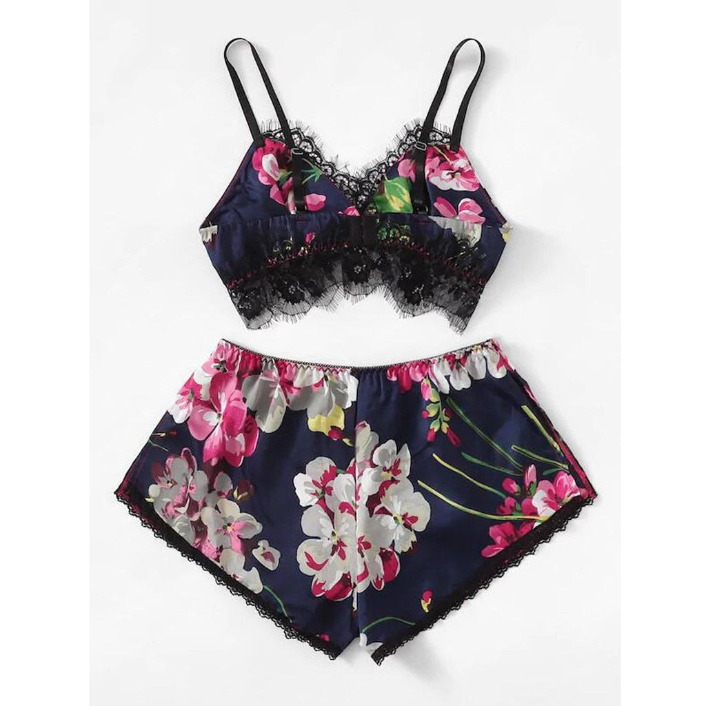 2pc Fashion Sexy Lace Satin Trim Floral Bow Lingerie Set Lace Underwear Pajamas Babydoll Sleepwear Backless Seamless Sleepwear-0