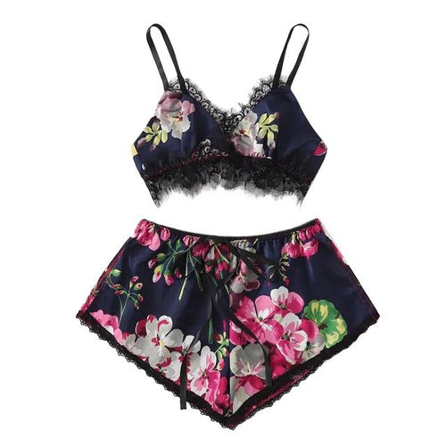 2pc Fashion Sexy Lace Satin Trim Floral Bow Lingerie Set Lace Underwear Pajamas Babydoll Sleepwear Backless Seamless Sleepwear-1